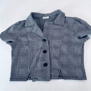 Haley & June Glen Plaid Cropped Button Up Top Black White JY8000-BL Womens XL
